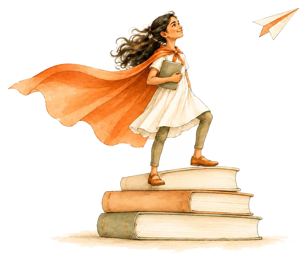 A girl in a cape standing on a stack of books, holding a book and watching a paper plane