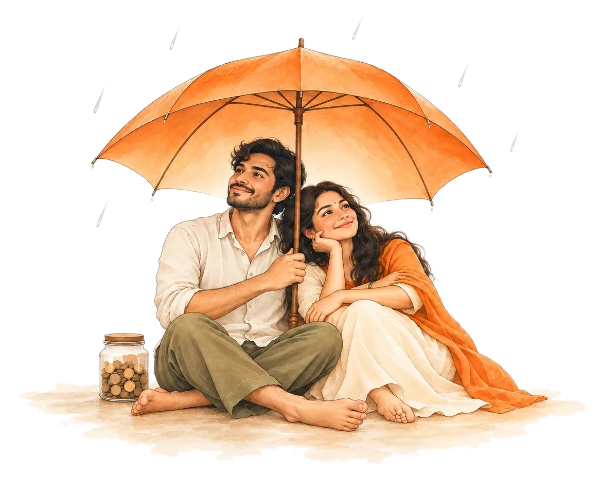 A couple sitting under an orange umbrella in light rain, a jar of coins beside them
