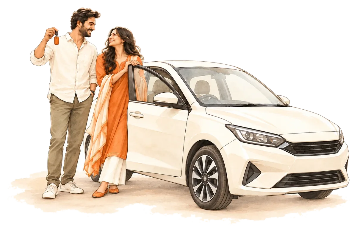 A couple beside a new car, the man holding up the keys
