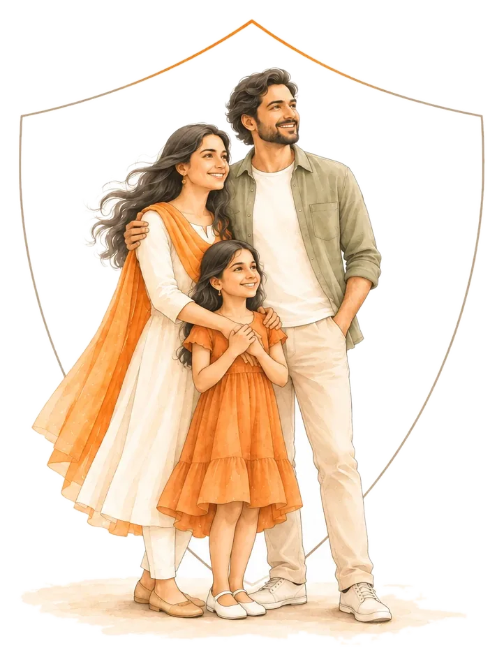 A family of three standing together inside the outline of a shield