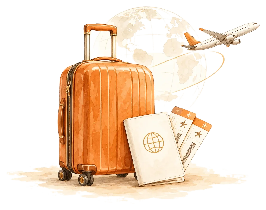 A suitcase, passport and tickets in front of a globe with a plane flying past