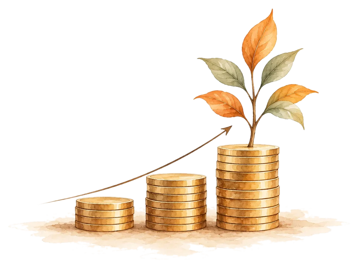 Three rising stacks of coins with a plant growing from the tallest and an arrow curving upward